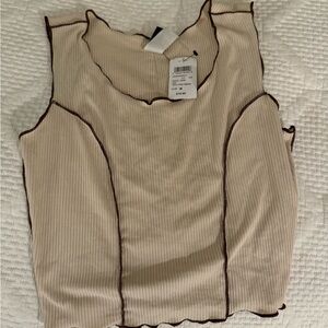 Ribbed Beige Tank Top with Brown Trim